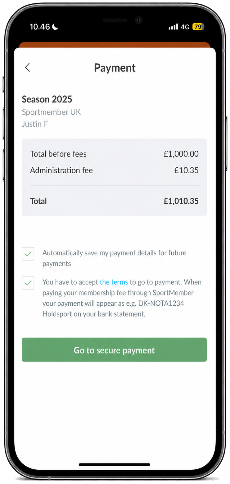 SportMember app: a membership payment with total, fees and a secure payment button