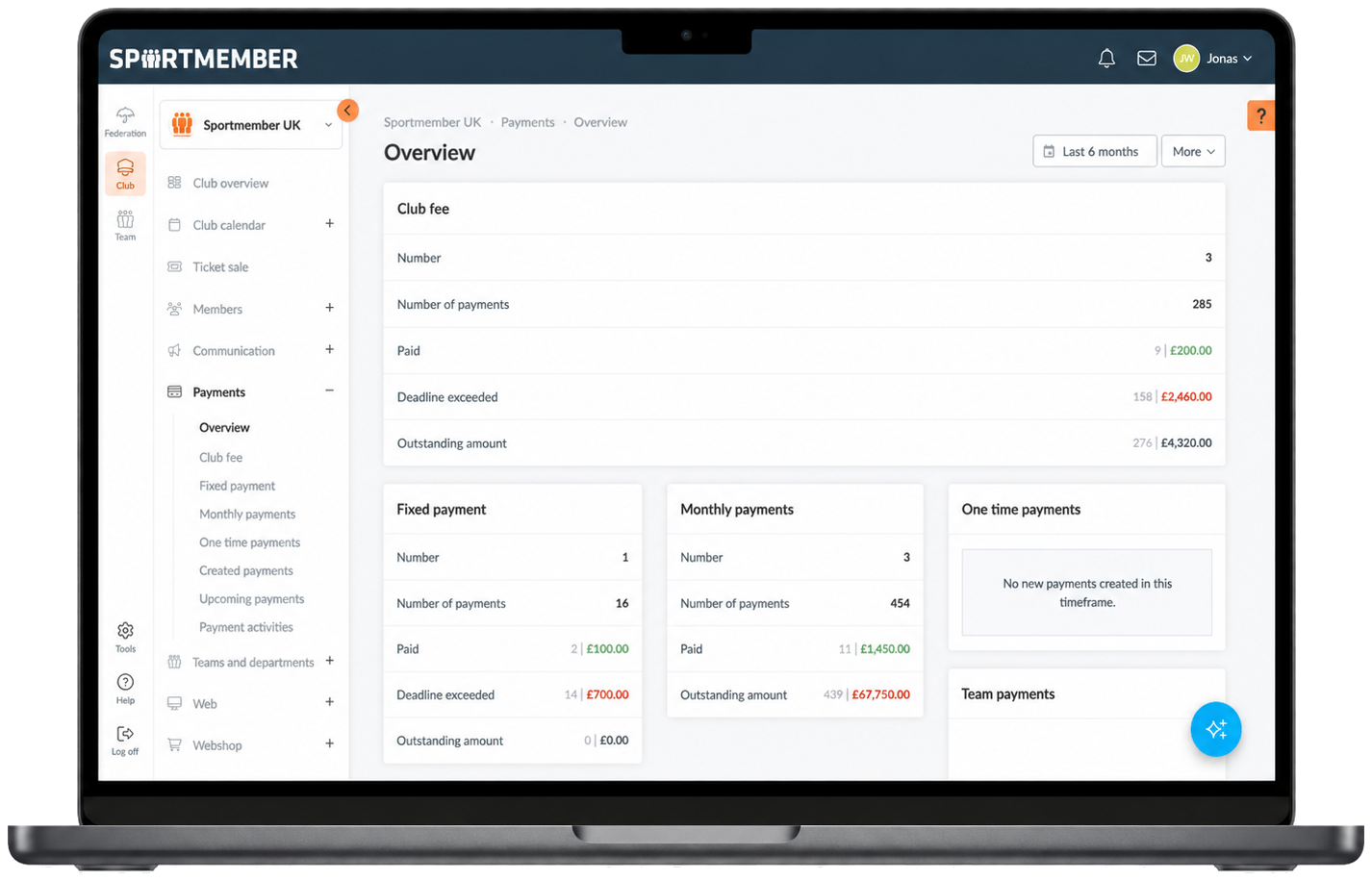 Treasurer payment overview in SportMember – paid, outstanding and deadlines per team